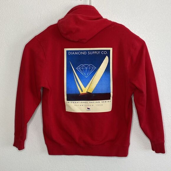 DIAMOND SUPPLY CO. Men’s Red Hoodie International Racing Series Back Print Sz L - Picture 1 of 5